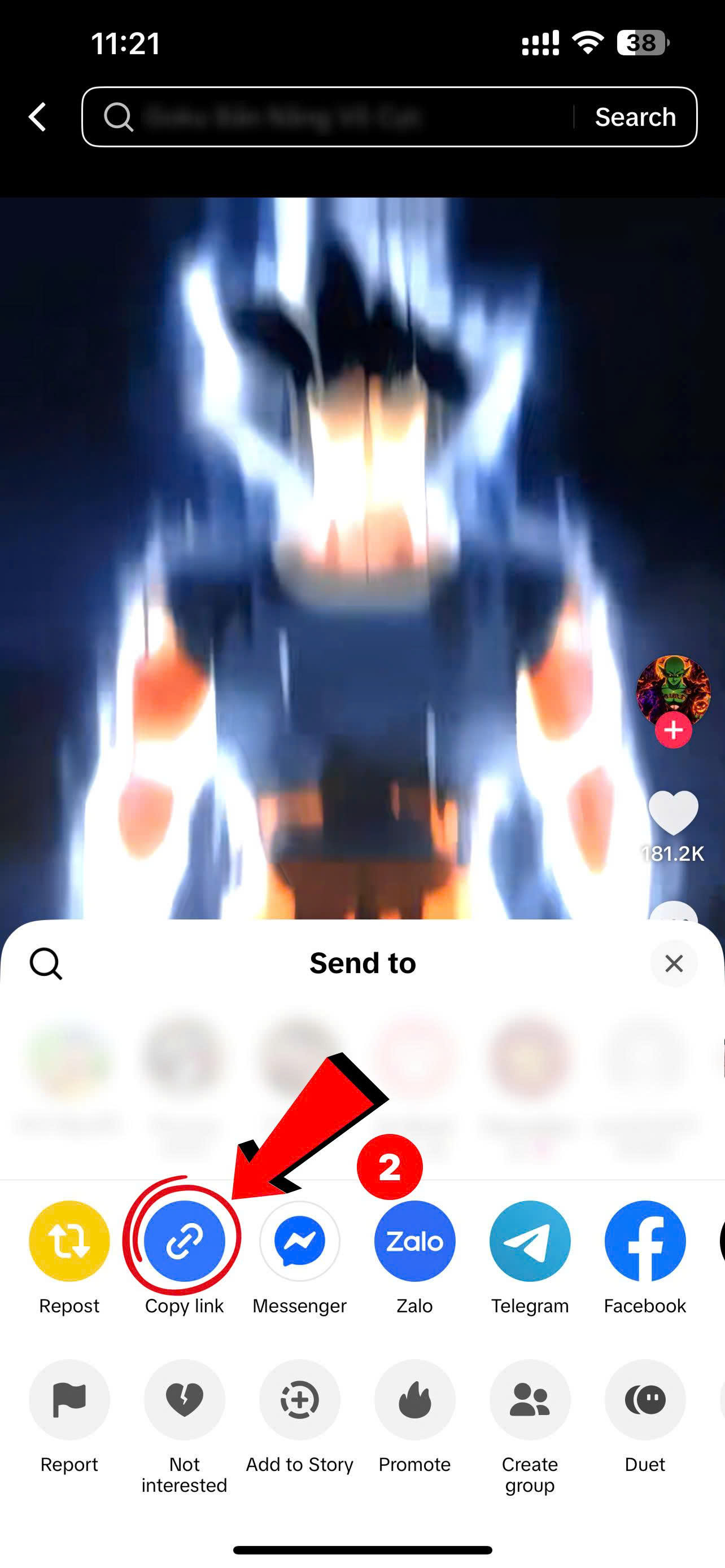 Chọn Copy link trong menu chia sẻ TikTok