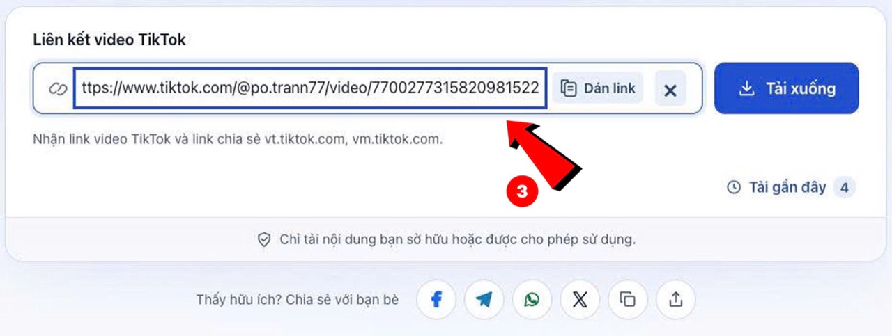 Dán liên kết video TikTok vào form và nhấn Tải xuống